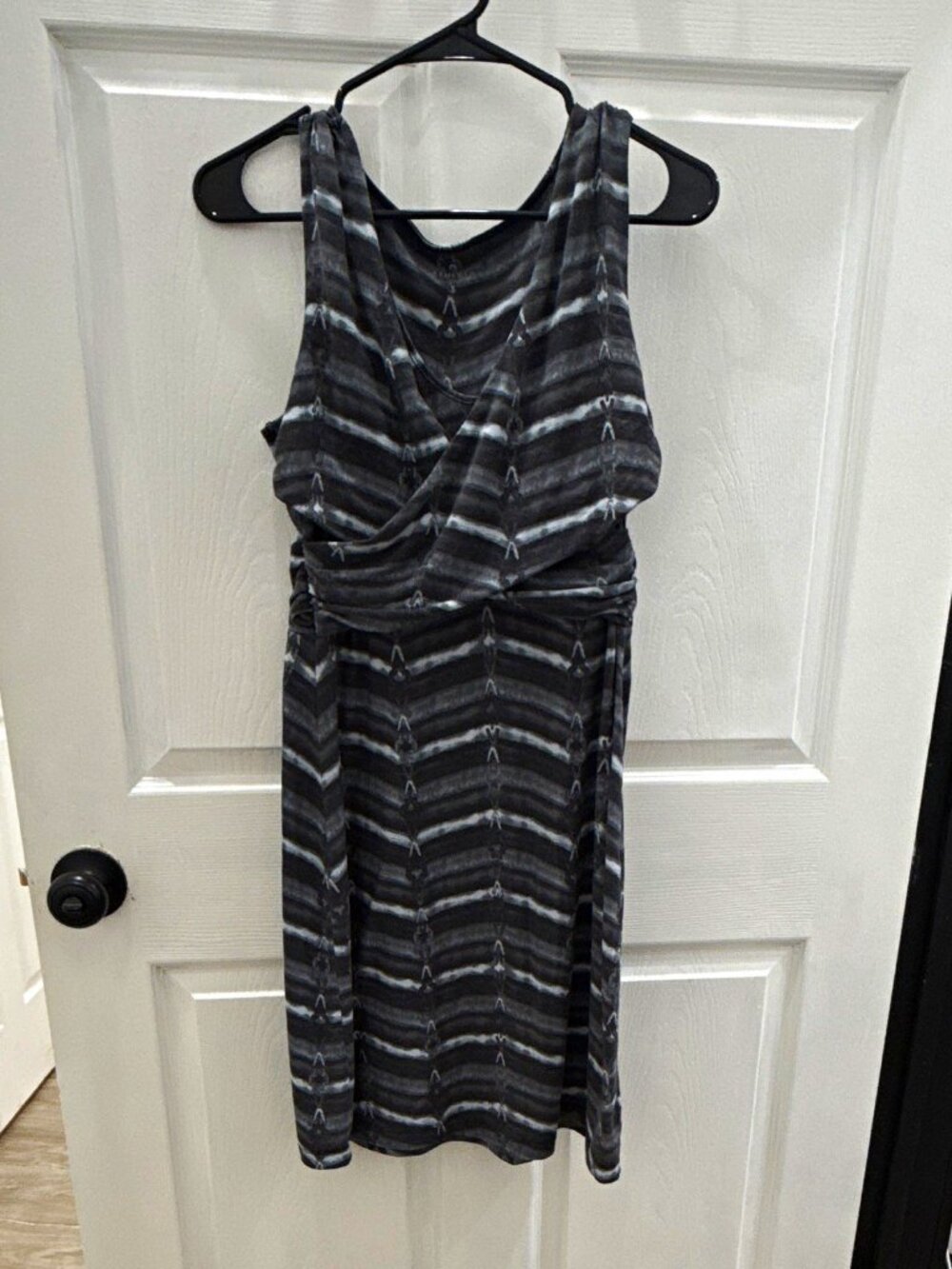 Athleta Striped Ruched Stretch Knit Tank Dress Gray/Black Scoop Neck S